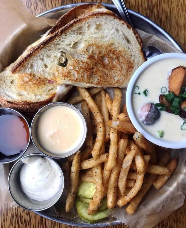 Sandwish, soup, and a side of fries from HopCat