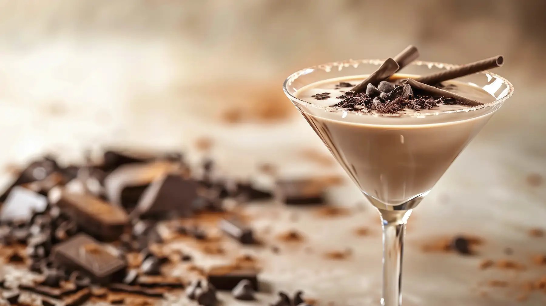 A chocolate martini with chocolate sticks and shavings as garnishes and accents
