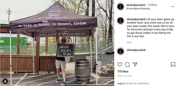 Social media post promoting curbside beer pickup at Diving Barrel Brewing Company