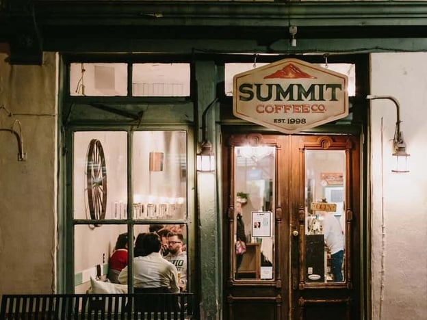 Exterior of Summit Coffe Co. highlight ambient lighting
