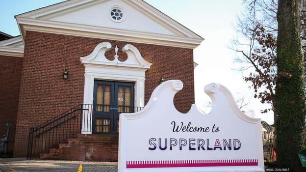Exterior of Supperland including the Welcome sign