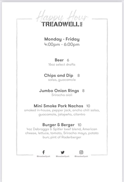 Example of a happy hour menu from Treadwell Park