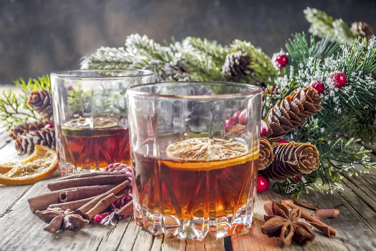 A holiday themed whiskey cocktail