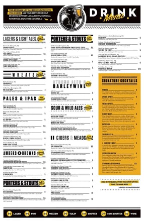 HopCat printed beer, drink, and draft menu