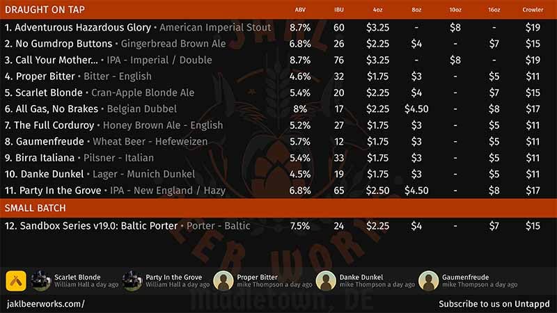 JAKL Beer Works - Digital beer menu powered by Untappd for Business