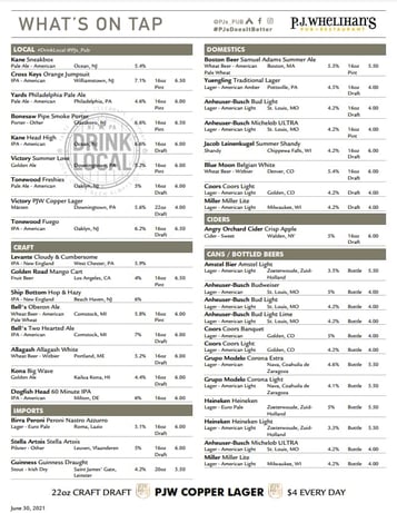 P.J. Whelihan's printed tap list through Untappd For Business