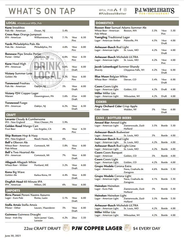 P.J. Whelihan's printed tap list through Untappd For Business