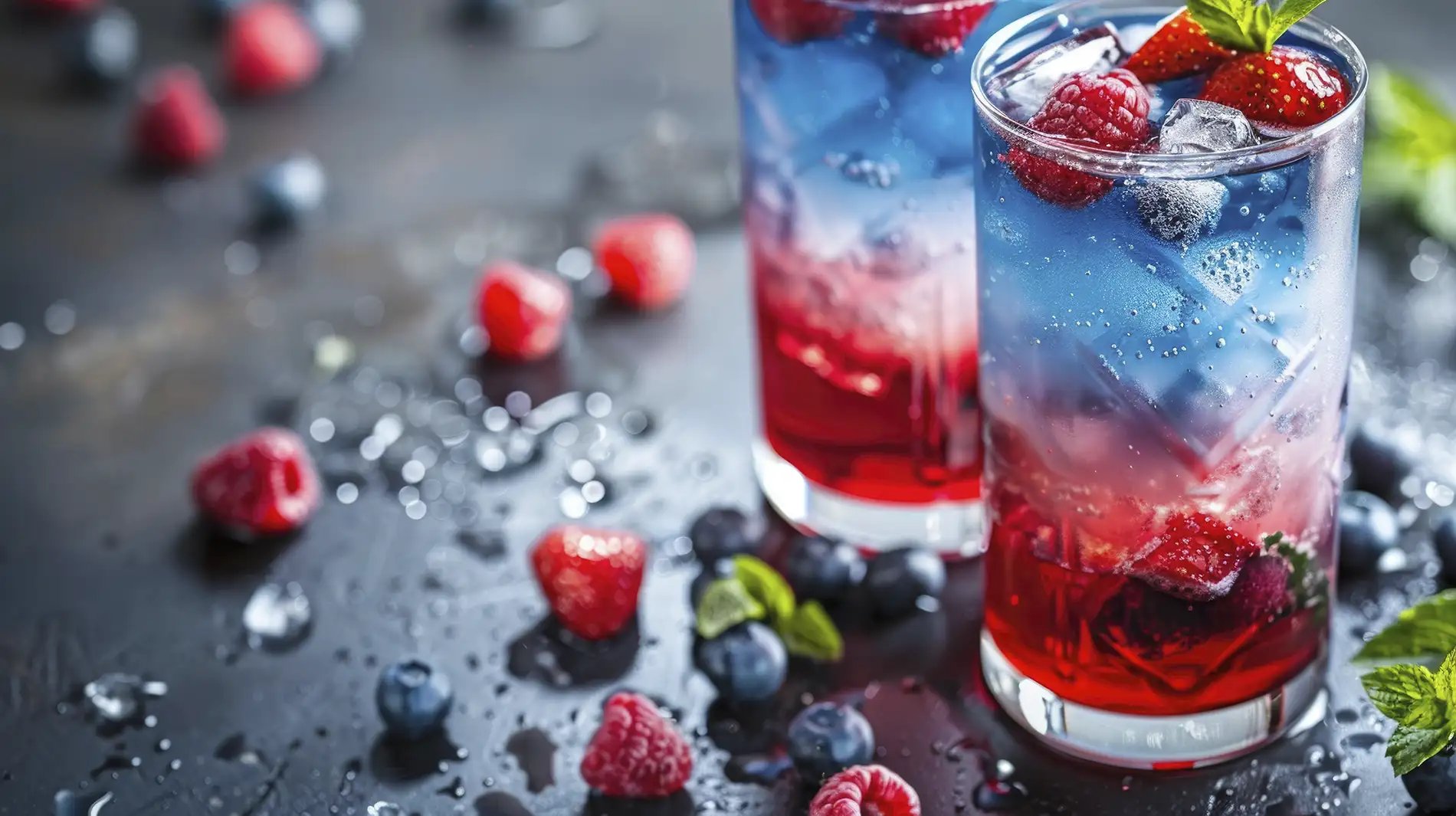 A red, white, and blue themed cocktail for the Fourth of July using raspberries and blueberries for color and accents