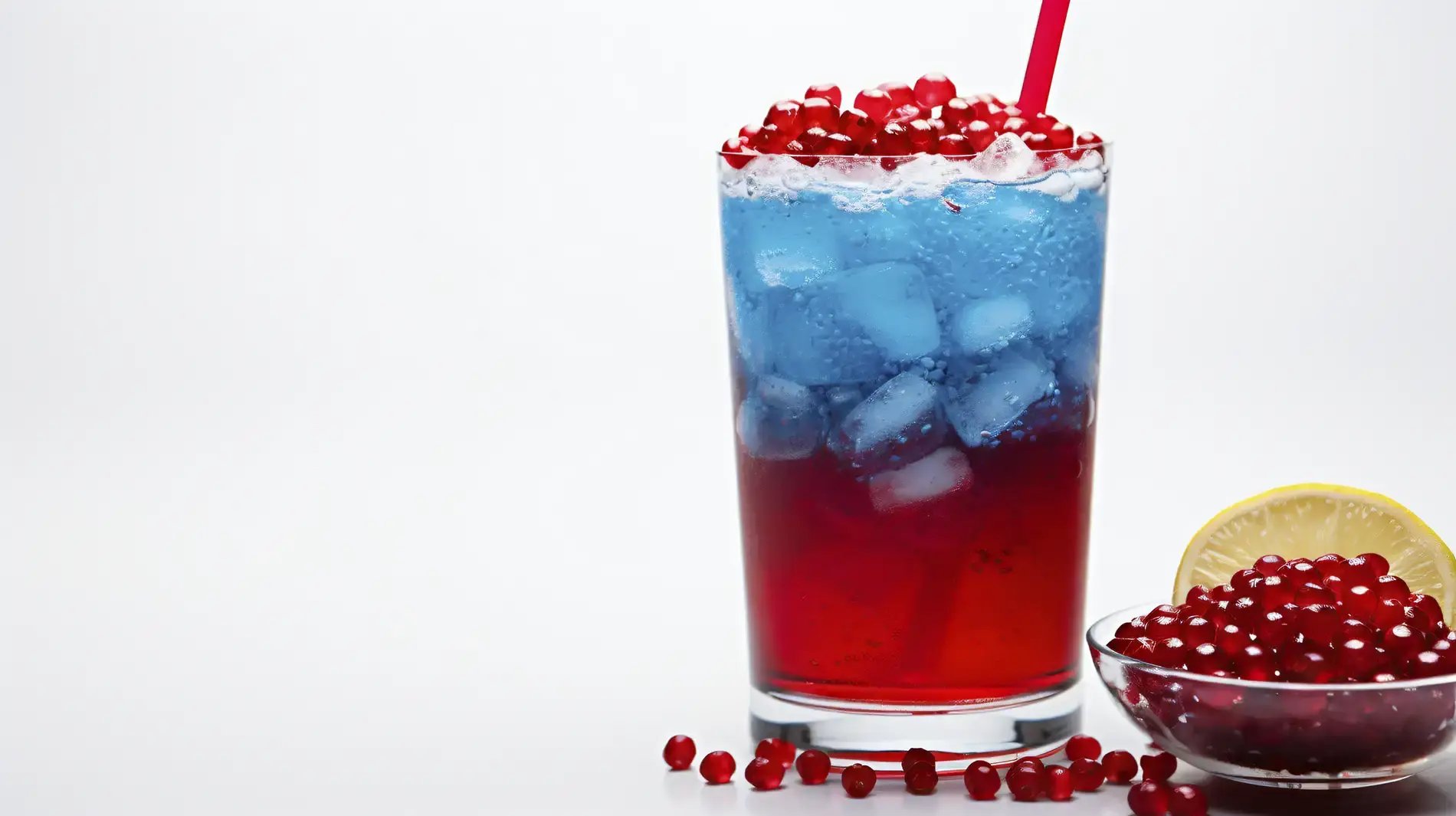 A red, white, and blue cocktail or mocktail using a lemeon wheel garnish with pomegranate