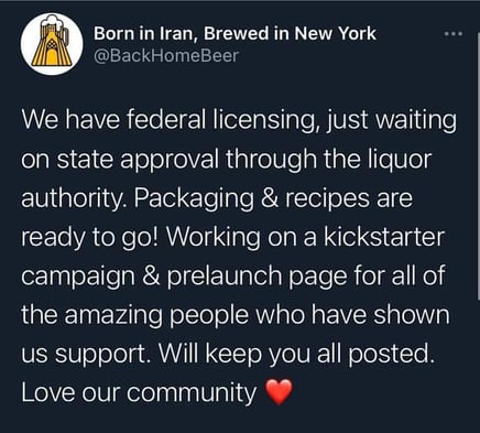 Twitter post announcing liquor license from Back Home Beer