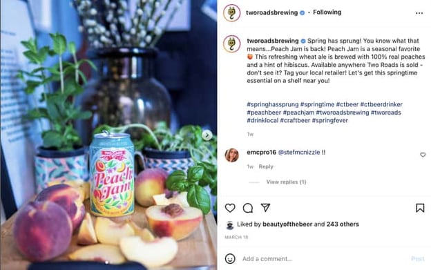 Instagram post from Two Roads Brewing Company featuring Peach Jam beer can