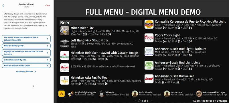 An example of the Untappd for Business Design with AI digital menu customization, make an menu appear Halloween themed