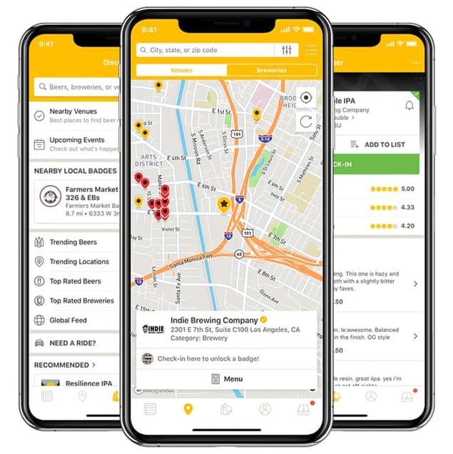 Screenshots of Untappd app promoting bars and restaurants