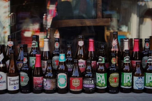 A variety of craft beer bottles on display