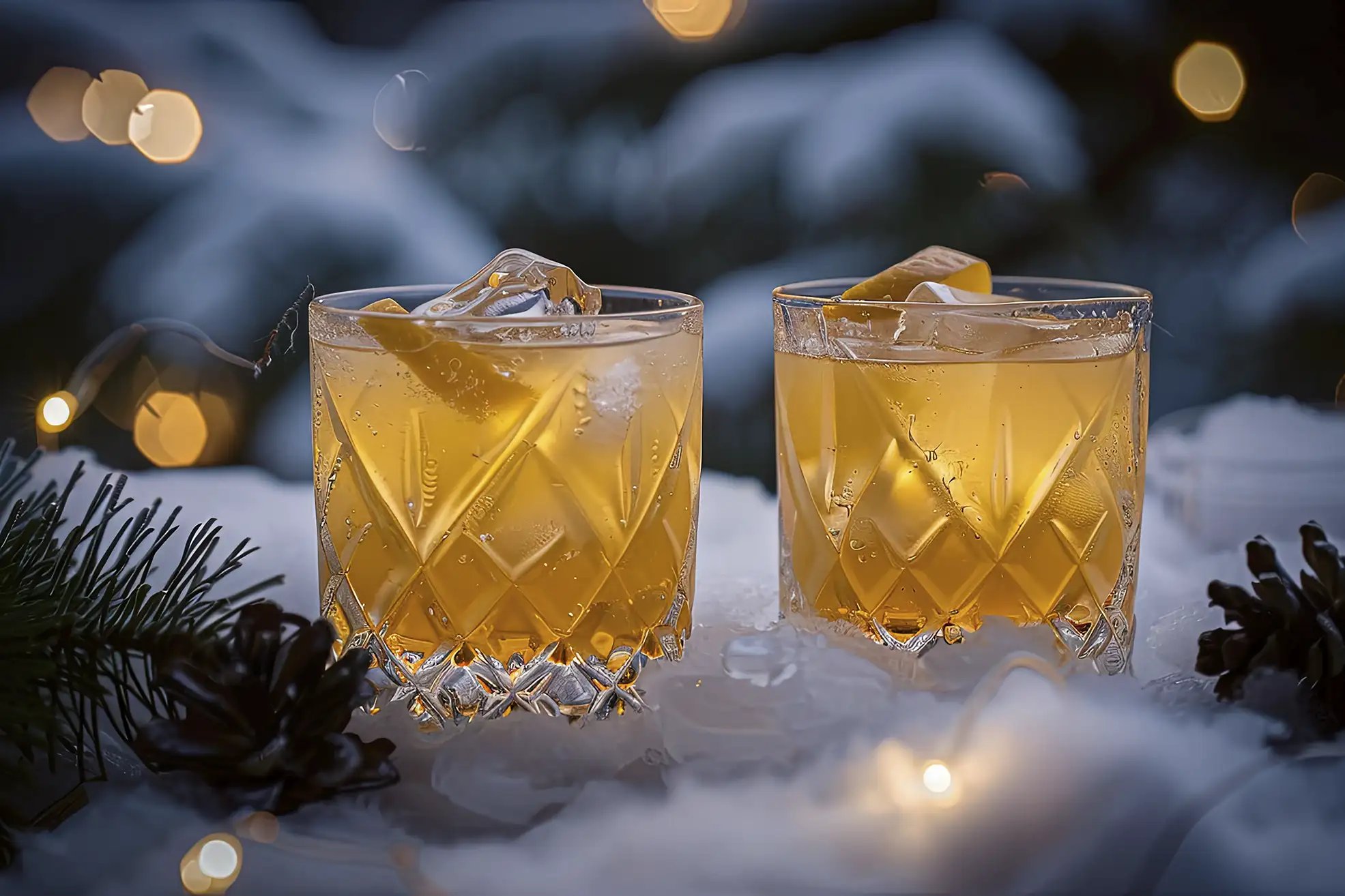 A whiskey cocktail on a winter snowy landscape