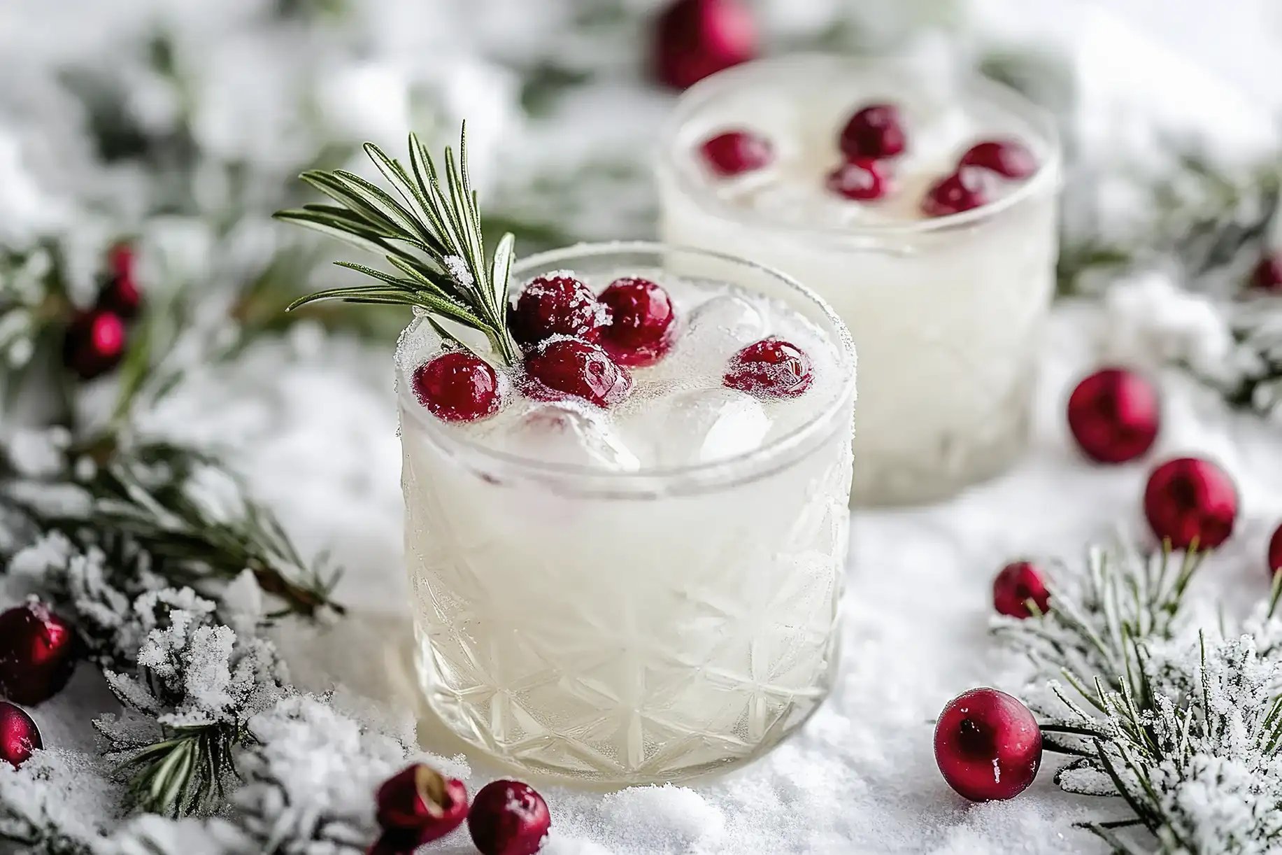 A winter or holiday-inspired drink cocktail with cranberry garnishes